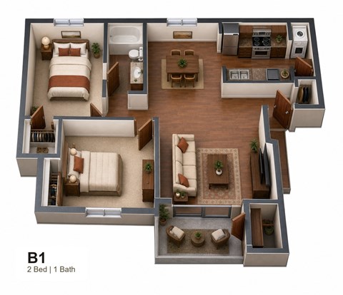 Floor plan for 2 beds, 1 bath, 863 sqft