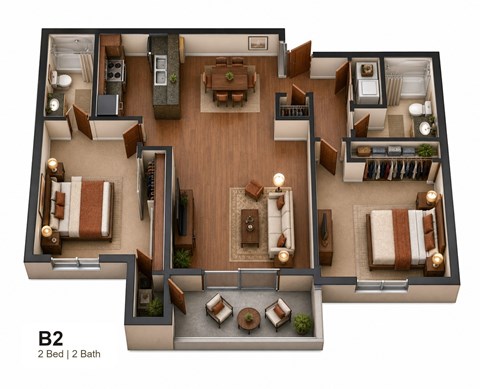 Floor plan for 2 beds, 2 baths, 989 sqft