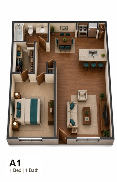 Floor plan for 1 bed, 1 bath, 655 sqft