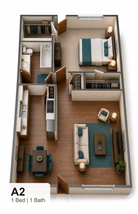 Floor plan for 1 bed, 1 bath, 655 sqft