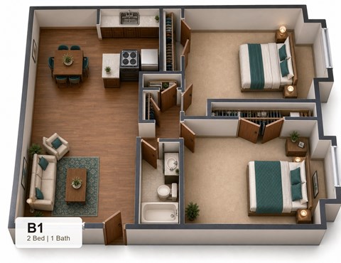 Floor plan for 2 beds, 1 bath, 810 sqft