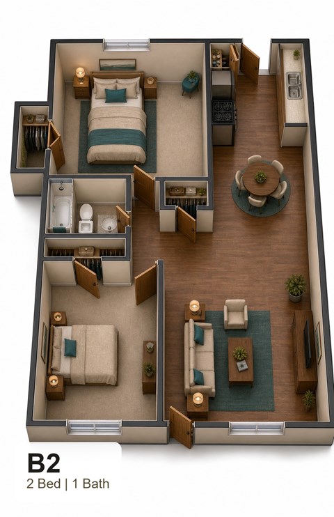 Floor plan for 2 beds, 1 bath, 810 sqft