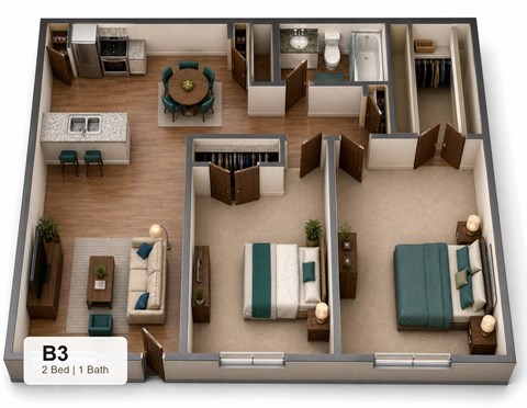 Floor plan for 2 beds, 1 bath, 914 sqft