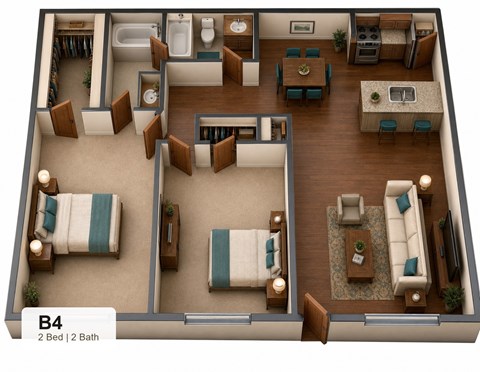 Floor plan for 2 beds, 2 baths, 921 sqft