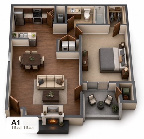 Floor plan for 1 bed, 1 bath, 800 sqft