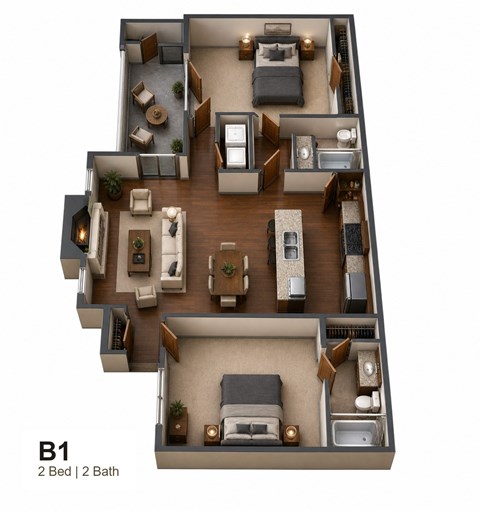 Floor plan for 2 beds, 2 baths, 1000 sqft