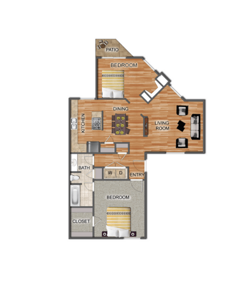 Floor plan for 2 beds, 1 bath, 900 sqft