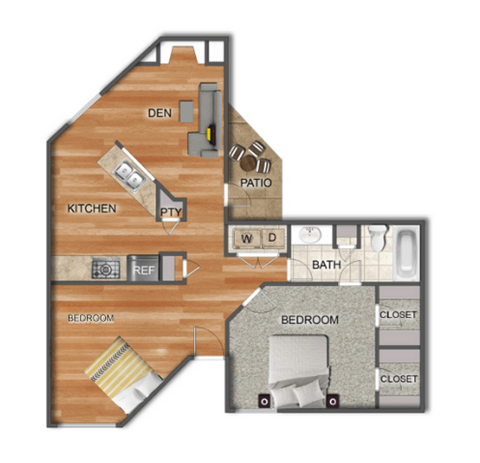 Floor plan for 2 beds, 2 baths, 1030 sqft