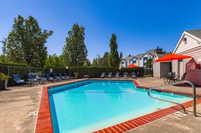 Clackamas apartment for rent - Happy Valley, OR, Apartments - Sunnyside Village - an Outdoor Gated Pool Area with Lounge Seating, Tables with Chairs and Umbrellas, Surrounding Trees and Shrubbery, and a View of the Property Building