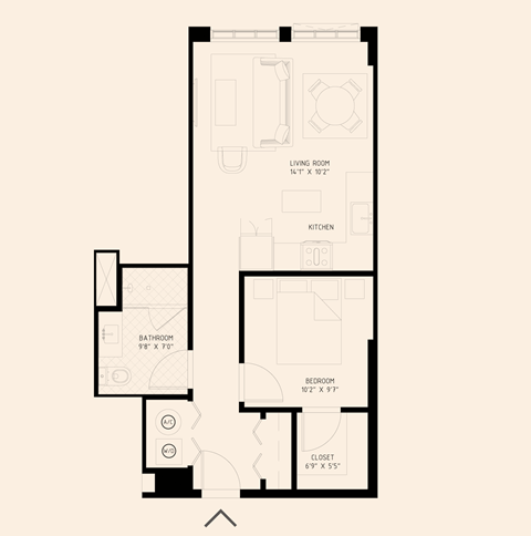 Floor plan for 1 bed, 1 bath, 627 sqft