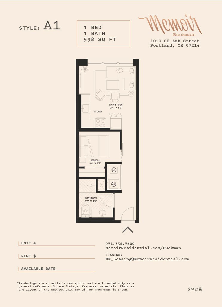 Floor plan for 1 bed, 1 bath, 522 sqft