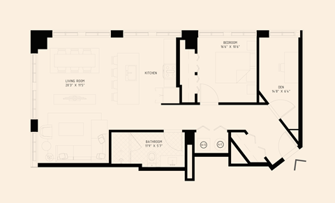 Floor plan for 1 bed, 1 bath, 936 sqft