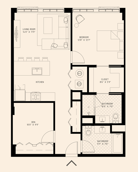 Floor plan for 2 beds, 2 baths, 987 sqft