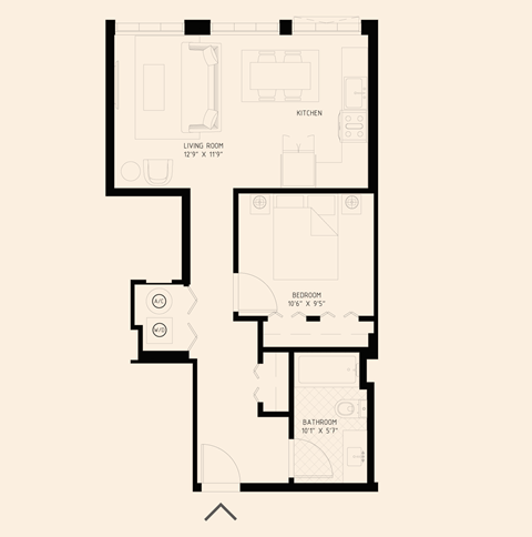 Floor plan for 1 bed, 1 bath, 634 sqft