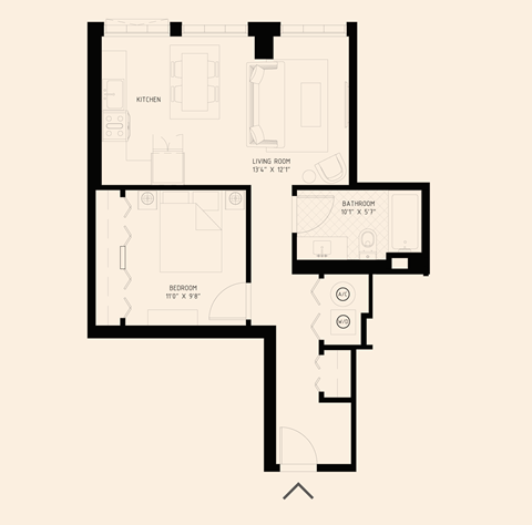 Floor plan for 1 bed, 1 bath, 640 sqft