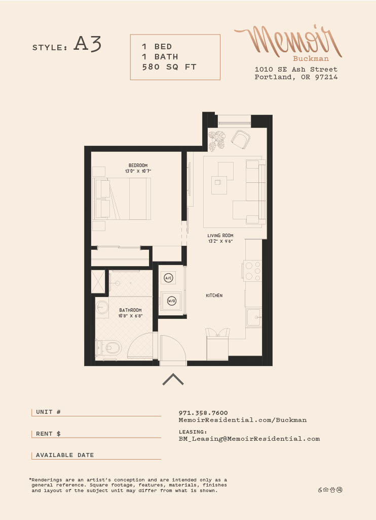 Floor plan for 1 bed, 1 bath, 577 sqft