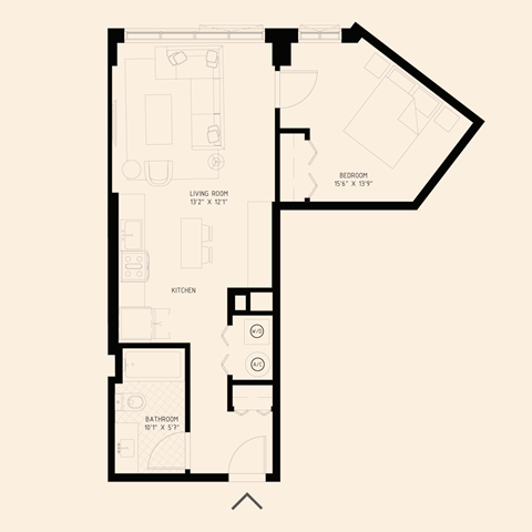 Floor plan for 1 bed, 1 bath, 655 sqft