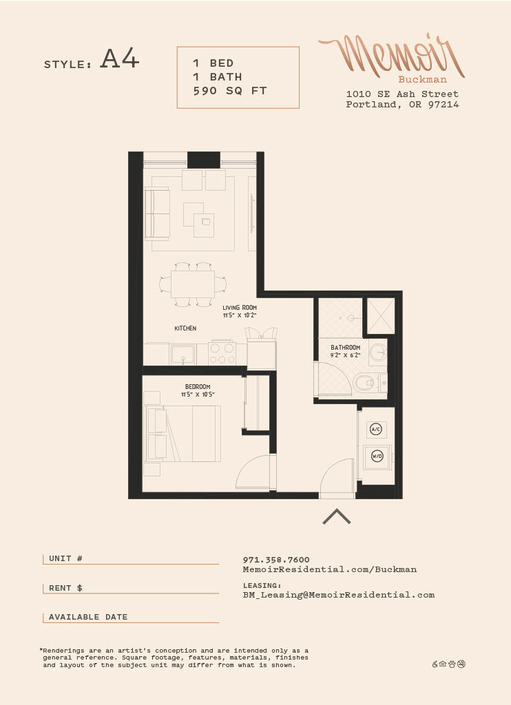 Floor plan for 1 bed, 1 bath, 575 sqft
