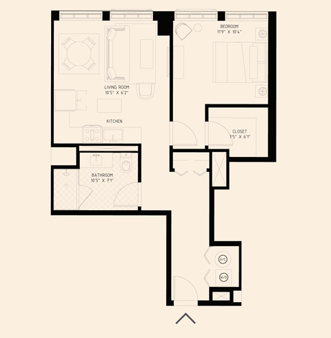 Floor plan for 1 bed, 1 bath, 699 sqft
