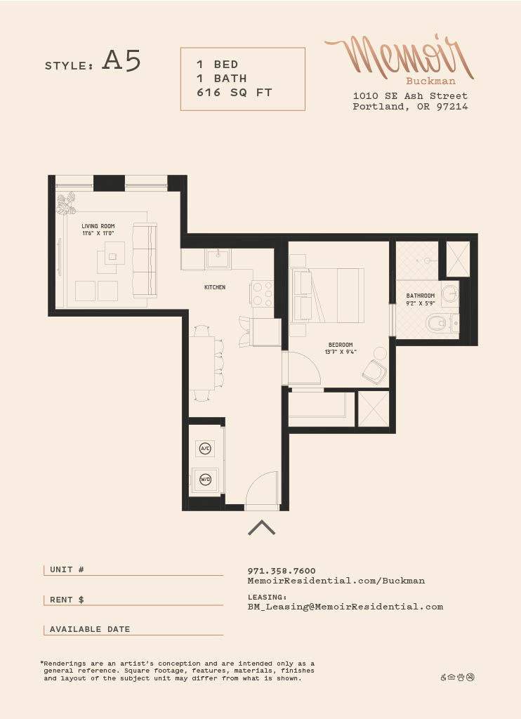Floor plan for 1 bed, 1 bath, 640 sqft