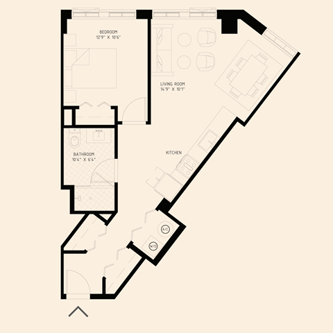 Floor plan for 1 bed, 1 bath, 710 sqft