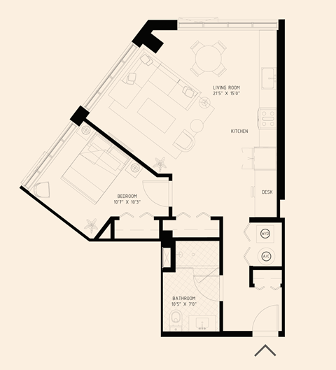Floor plan for 1 bed, 1 bath, 767 sqft