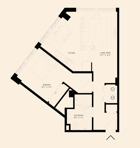 Floor plan for 1 bed, 1 bath, 819 sqft