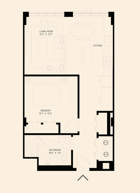 Floor plan for 1 bed, 1 bath, 747 sqft
