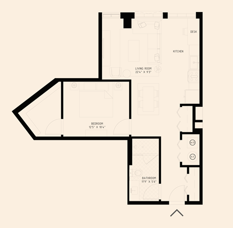 Floor plan for 1 bed, 1 bath, 756 sqft