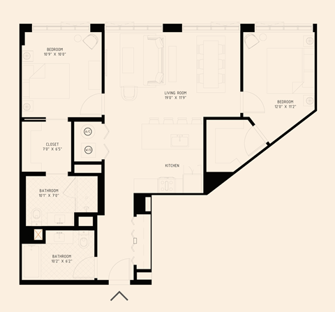 Floor plan for 2 beds, 2 baths, 1111 sqft