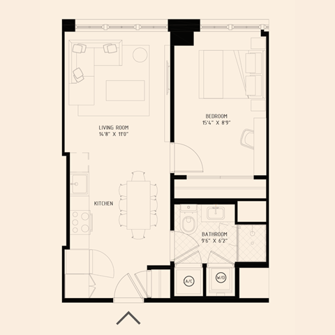 Floor plan for 1 bed, 1 bath, 620 sqft
