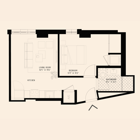 Floor plan for 1 bed, 1 bath, 632 sqft