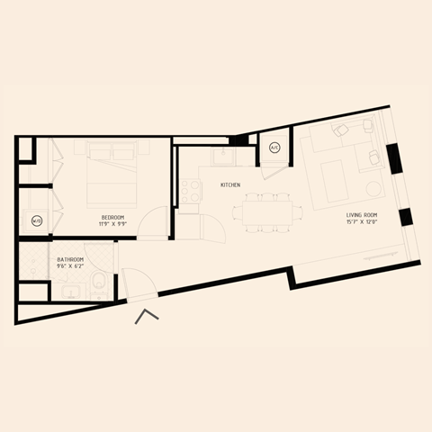 Floor plan for 1 bed, 1 bath, 642 sqft