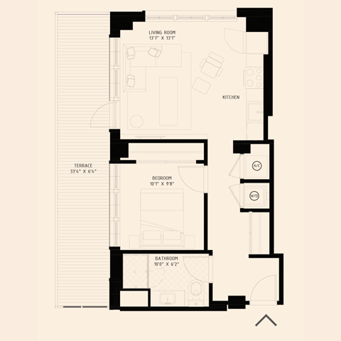 Floor plan for 1 bed, 1 bath, 647 sqft
