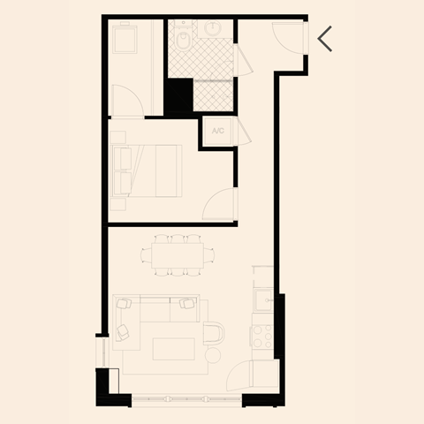 Floor plan for 1 bed, 1 bath, 669 sqft