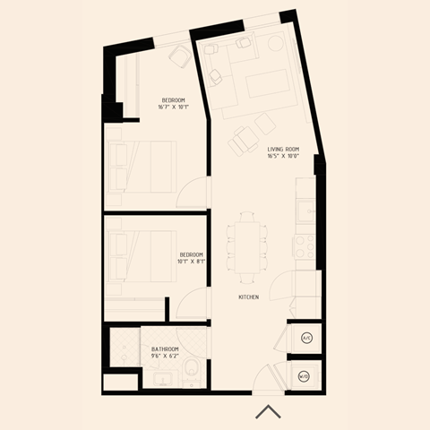 Floor plan for 2 beds, 1 bath, 759 sqft