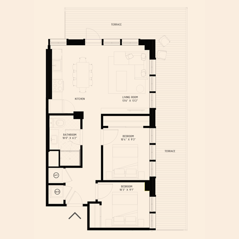 Floor plan for 2 beds, 1 bath, 759 sqft