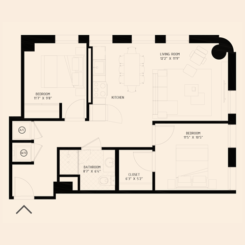 Floor plan for 2 beds, 1 bath, 886 sqft