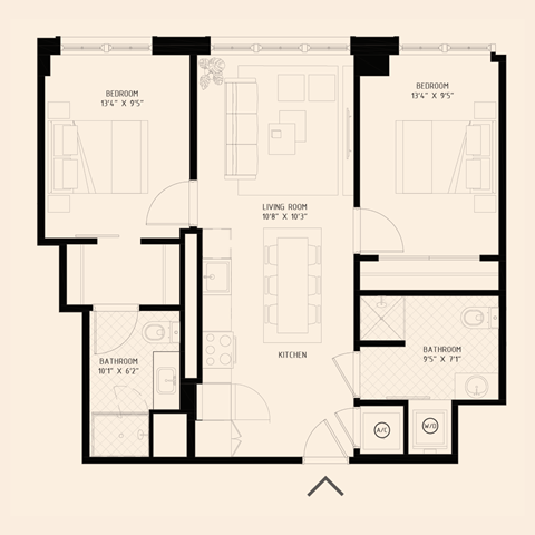 Floor plan for 2 beds, 2 baths, 886 sqft