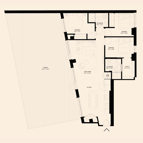 Floor plan for 3 beds, 2 baths, 1215 sqft