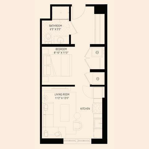 Floor plan for studio, 1 bath, 485 sqft