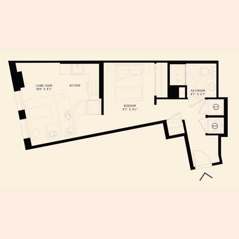 Floor plan for studio, 1 bath, 594 sqft