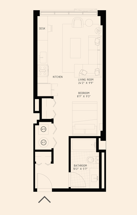 Floor plan for studio, 1 bath, 499 sqft