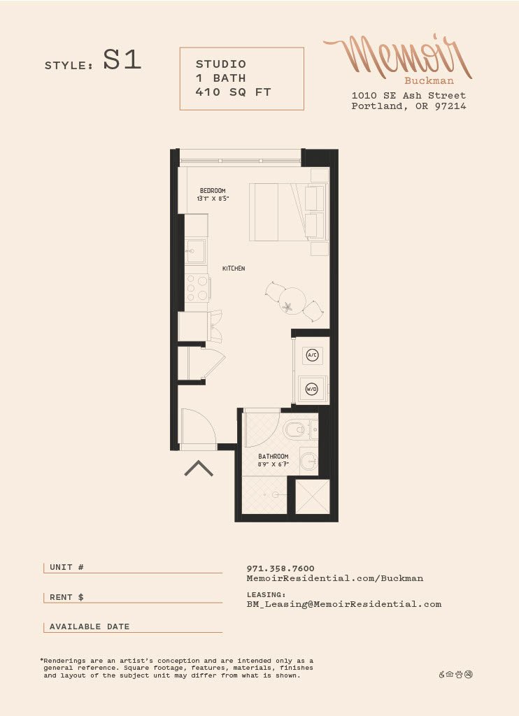 Floor plan for studio, 1 bath, 408 sqft