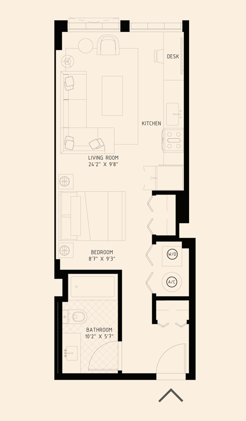 Floor plan for studio, 1 bath, 512 sqft