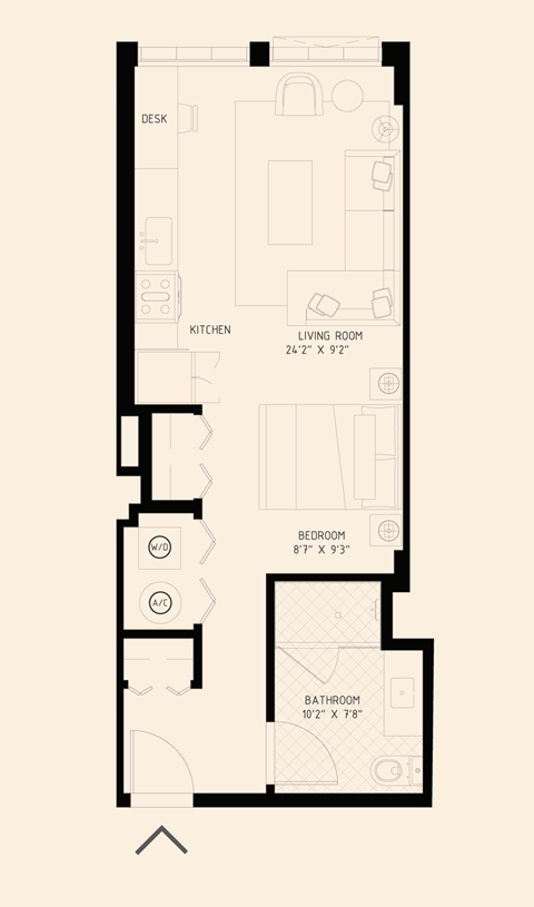 Floor plan for studio, 1 bath, 518 sqft