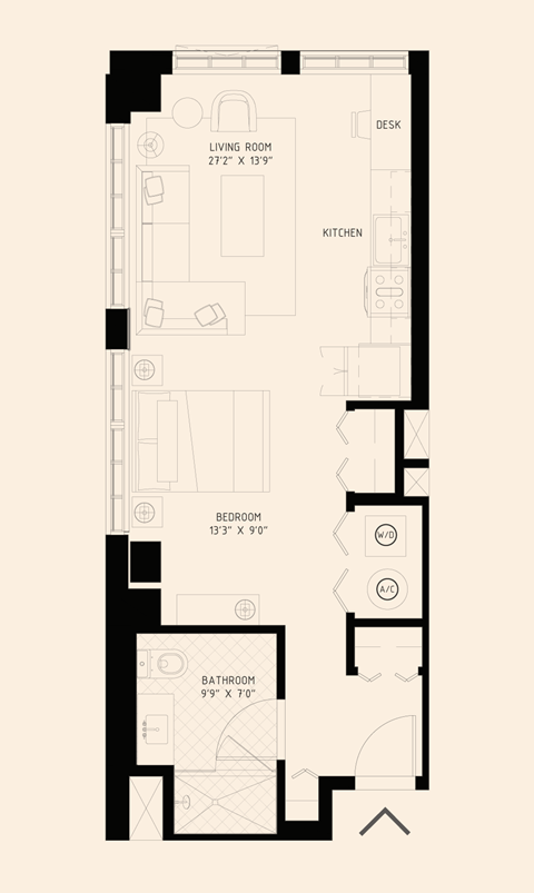 Floor plan for studio, 1 bath, 587 sqft