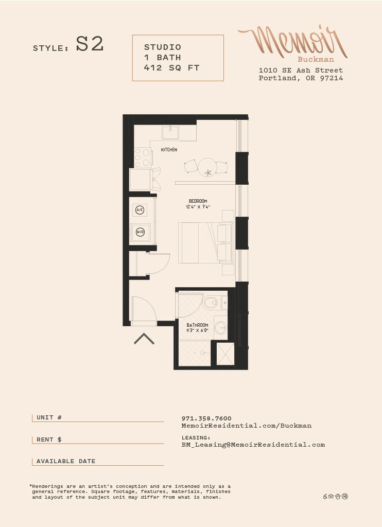 Floor plan for studio, 1 bath, 420 sqft