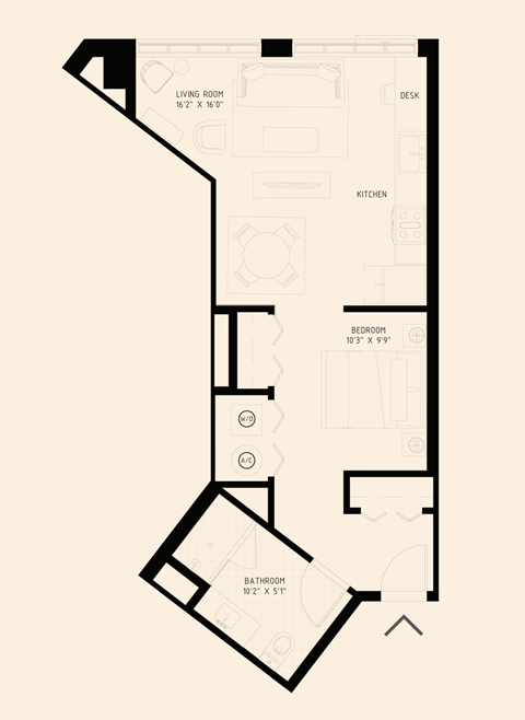 Floor plan for studio, 1 bath, 642 sqft