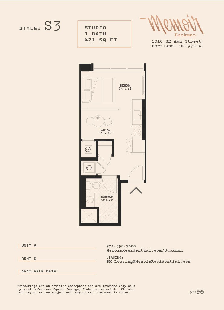 Floor plan for studio, 1 bath, 412 sqft
